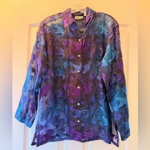 Chico's Women's Blue/Purple Embroidered Floral Sheer Silk Button Blouse 1/Med